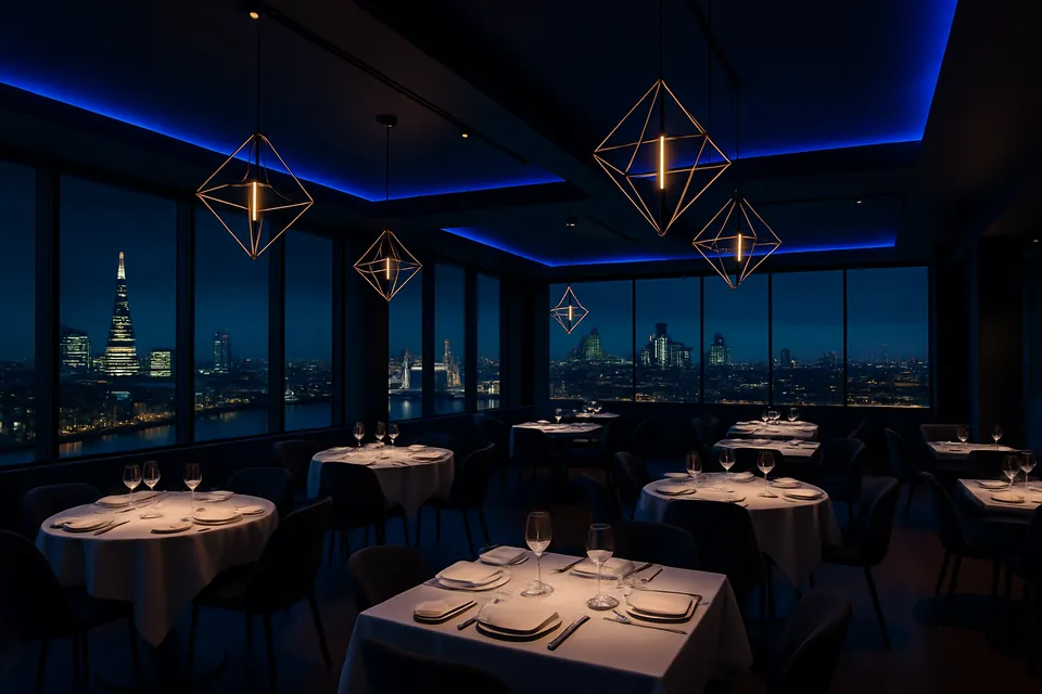 Restaurant dining room with ambient lighting